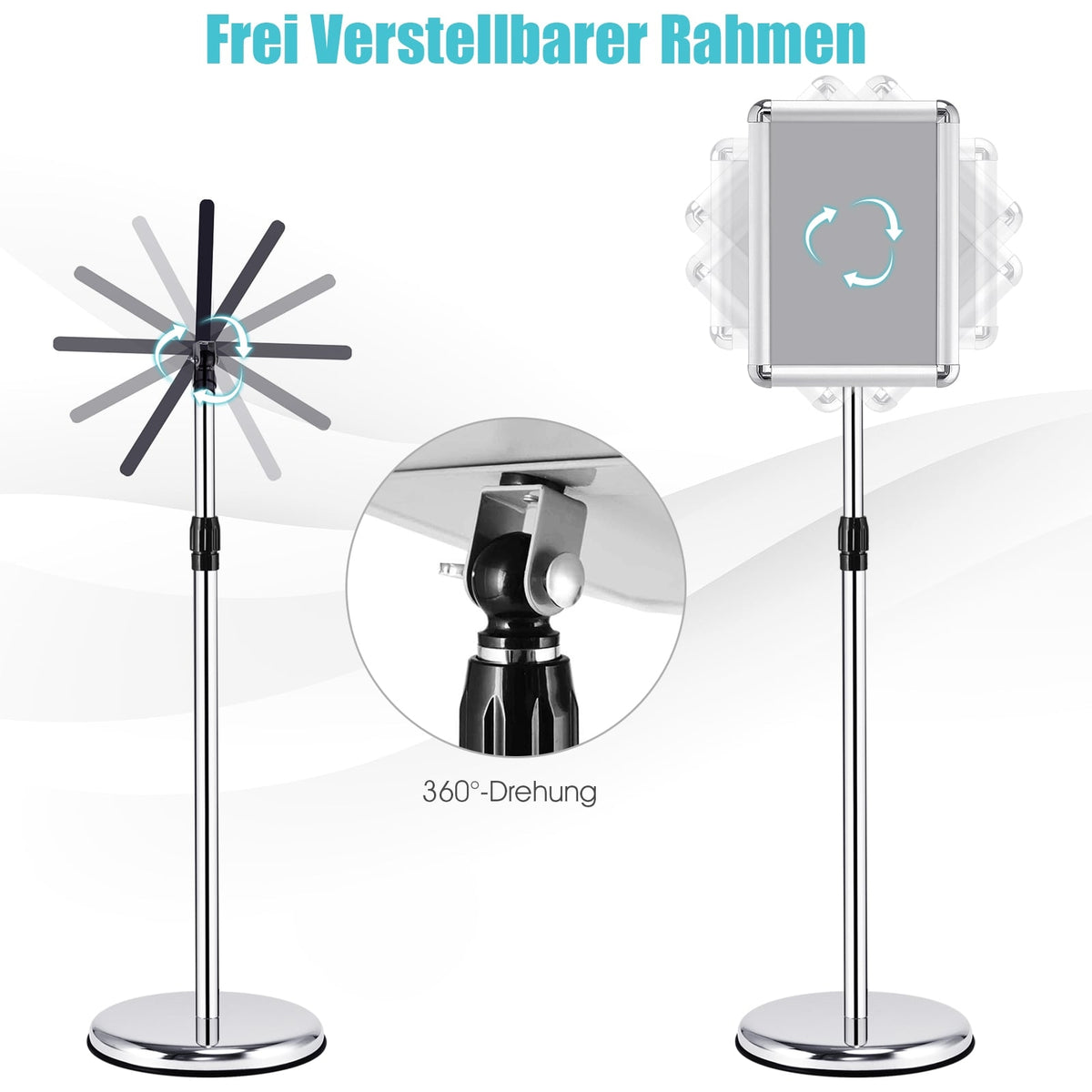 Adjustable A4 Sign Stand Set, Rotating Display, Silver