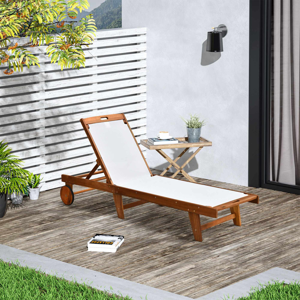 Adjustable Acacia Wood Sun Lounger with Wheels, 198cm