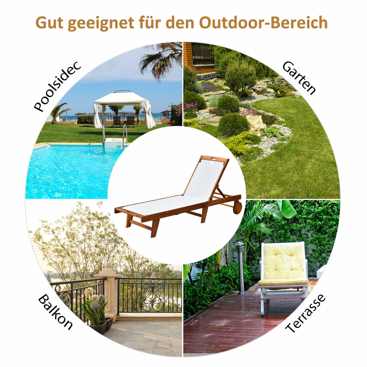 Adjustable Acacia Wood Sun Lounger with Wheels, 198cm