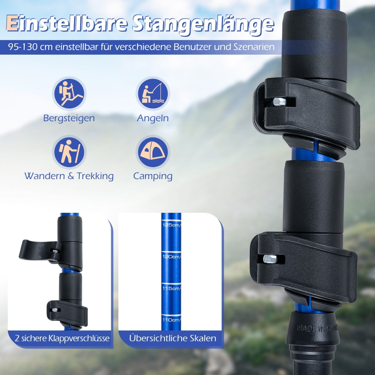Adjustable Aluminum Trekking Poles with Cork Grips, Blue