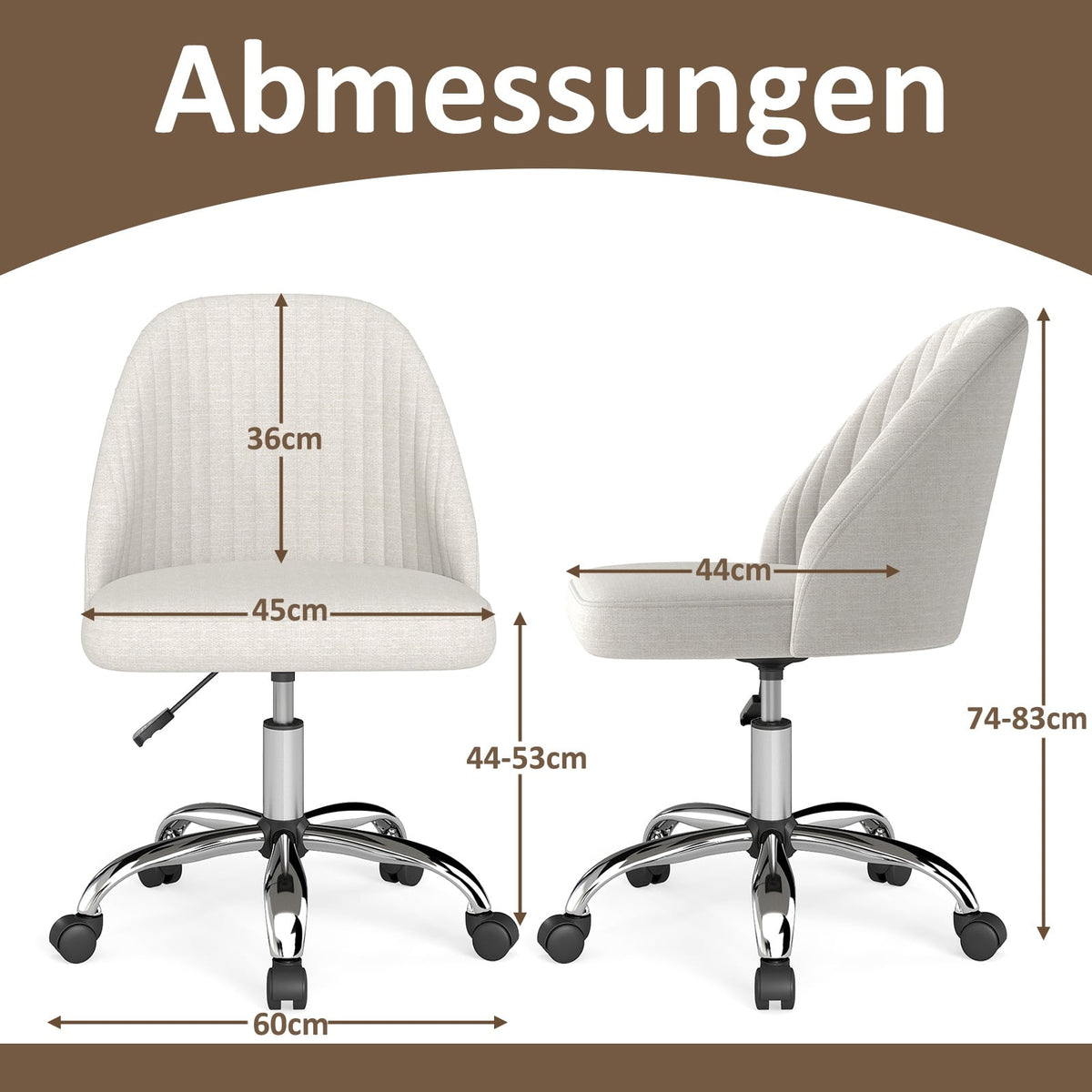 Adjustable Armless Office Chair – Beige, 360 Swivel