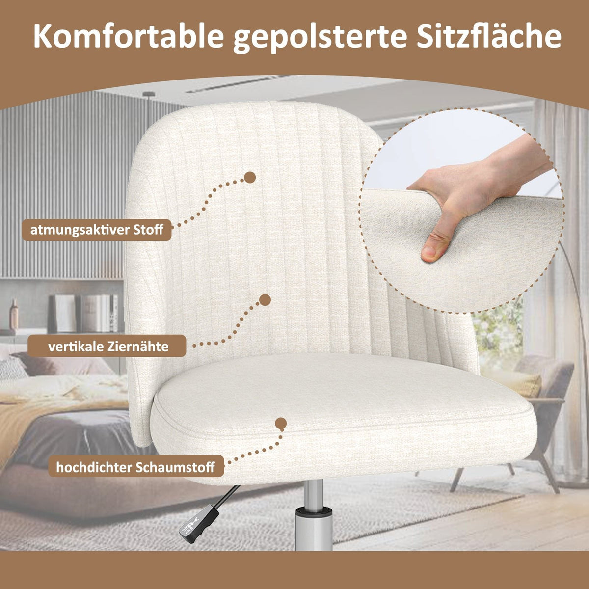 Adjustable Armless Office Chair – Beige, 360 Swivel