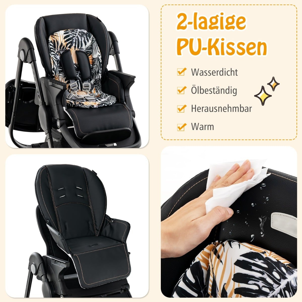 Adjustable Baby High Chair with Wheels, Black