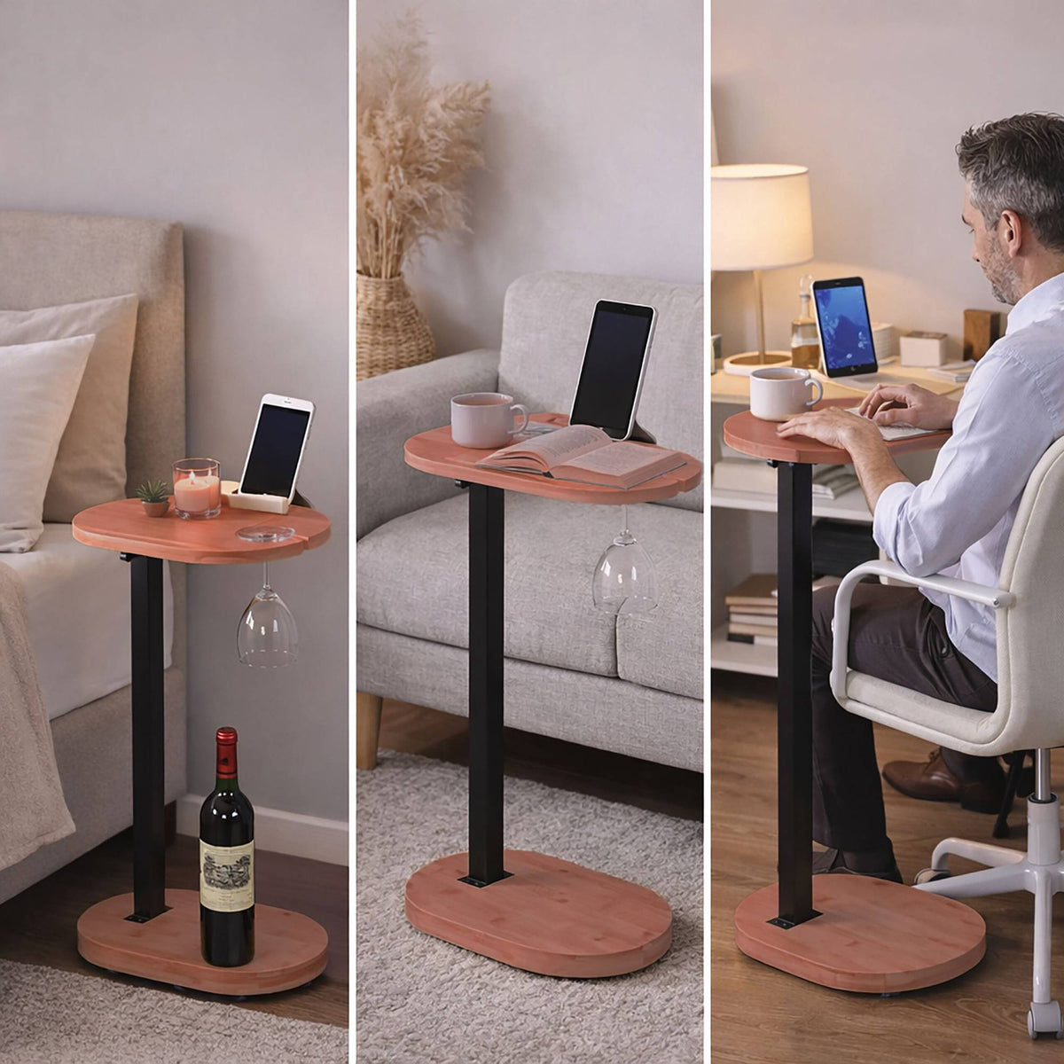 Adjustable Bamboo and Steel C-Shaped Side Table