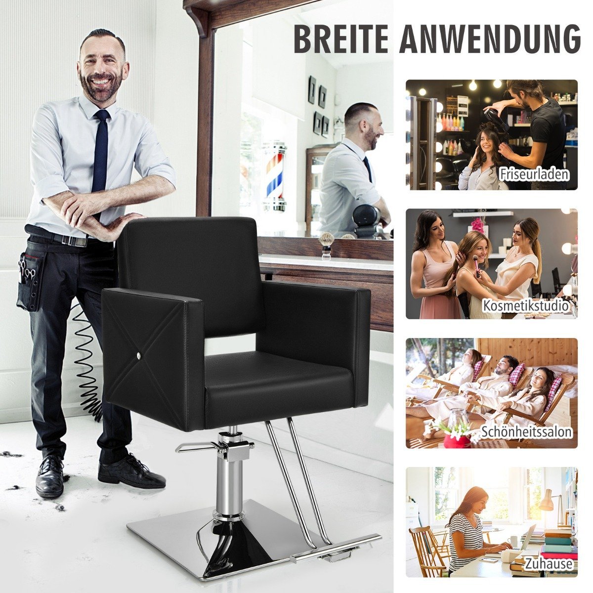 Adjustable Barber Chair with Hydraulic Pump, 360° Swivel, Black