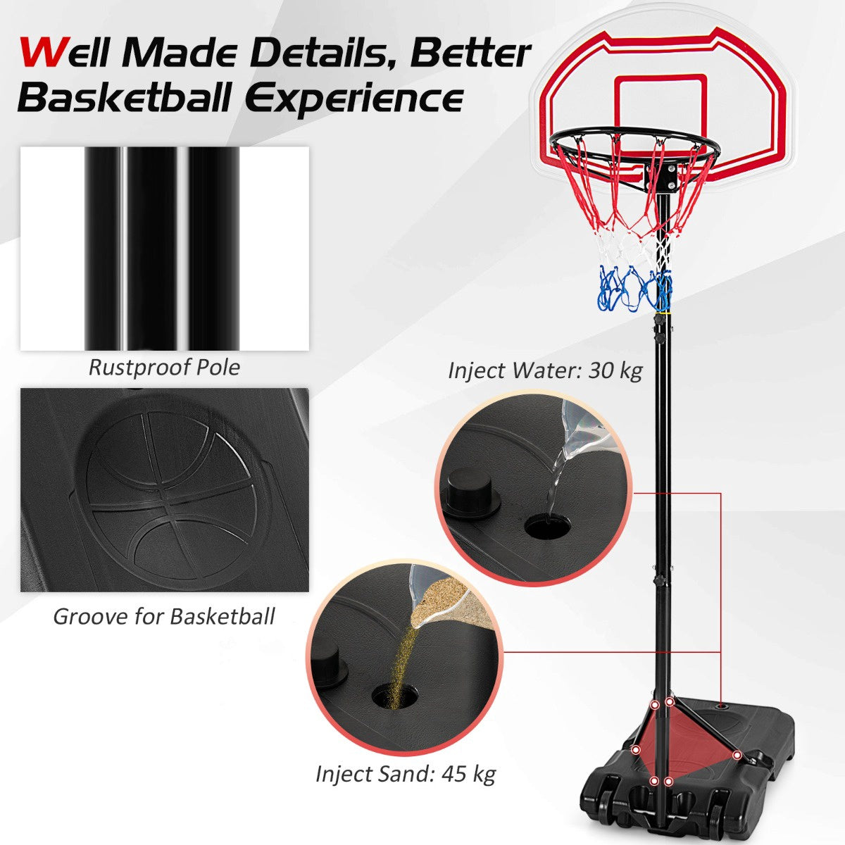 Adjustable Basketball Hoop, Portable Fillable Base, 2 Nets