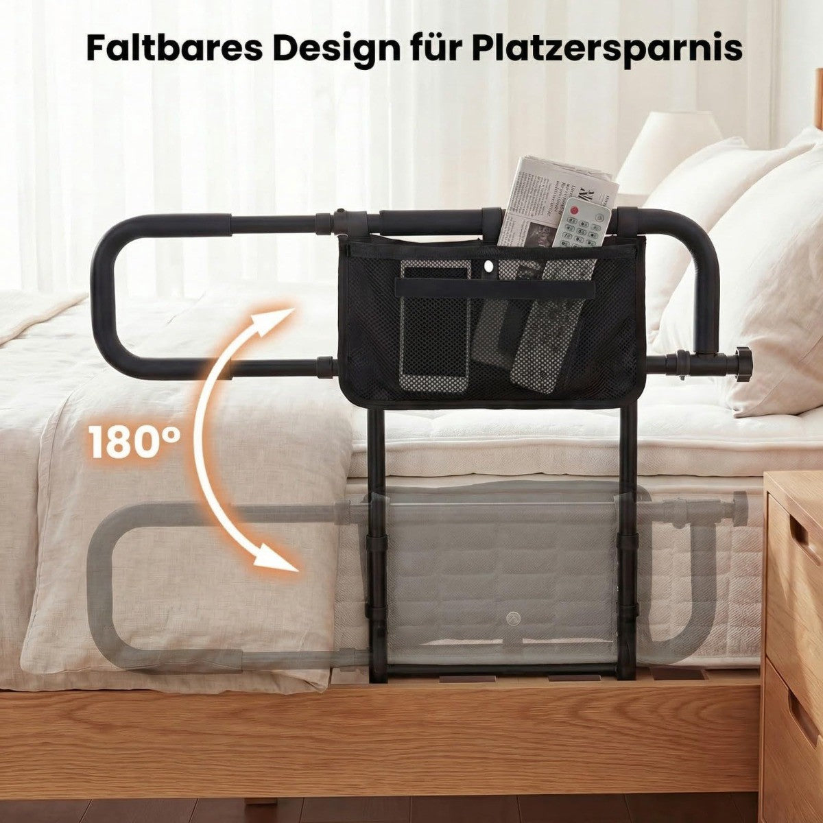 Adjustable Bed Rail for Seniors – Foldable, Black, Metal Frame