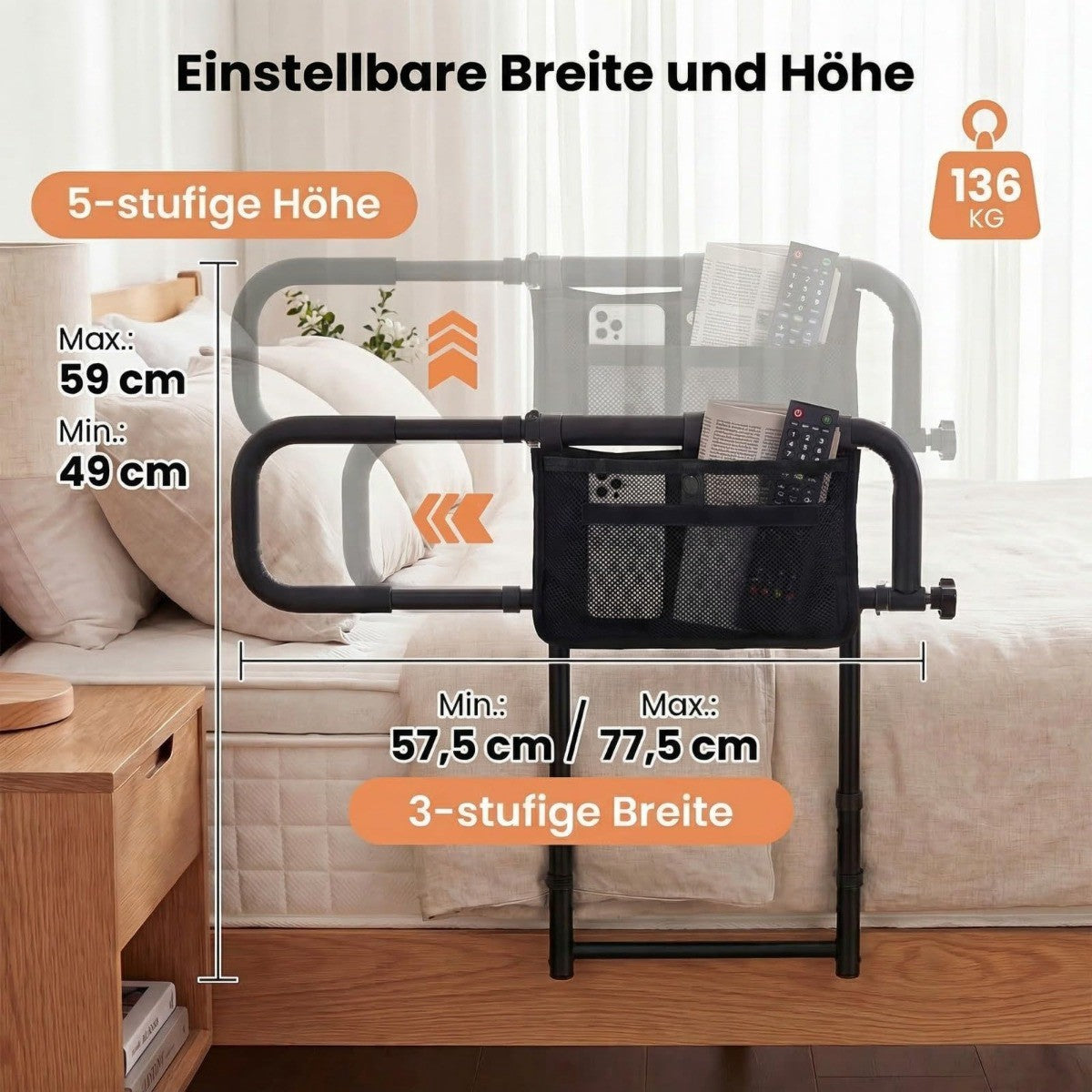 Adjustable Bed Rail for Seniors – Foldable, Black, Metal Frame