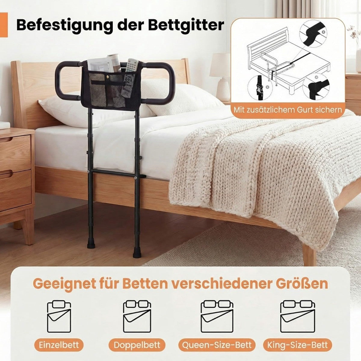 Adjustable Bed Rail for Seniors with Storage Pocket