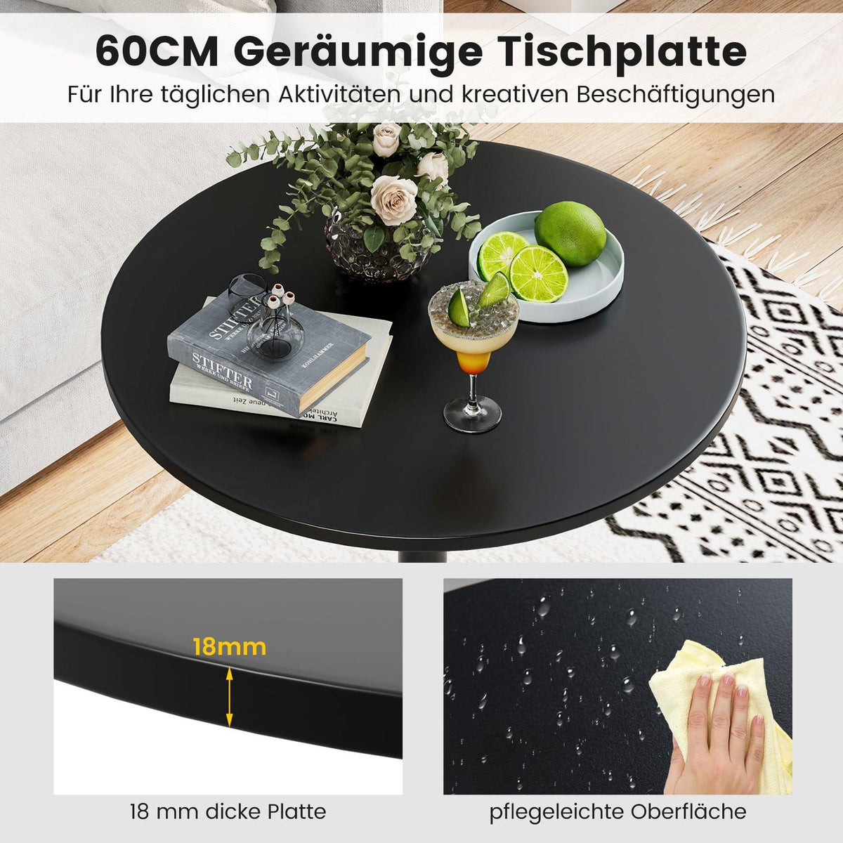 Adjustable Bistro Table Set – 2 Heights, 60 cm Diameter, Black