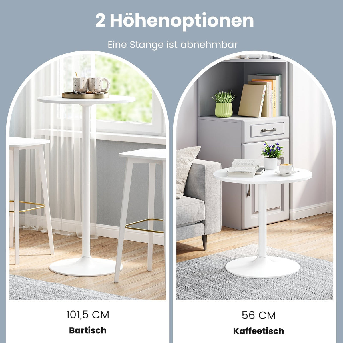 Adjustable Bistro Table Set, 2 Heights, 60 cm Diameter, White