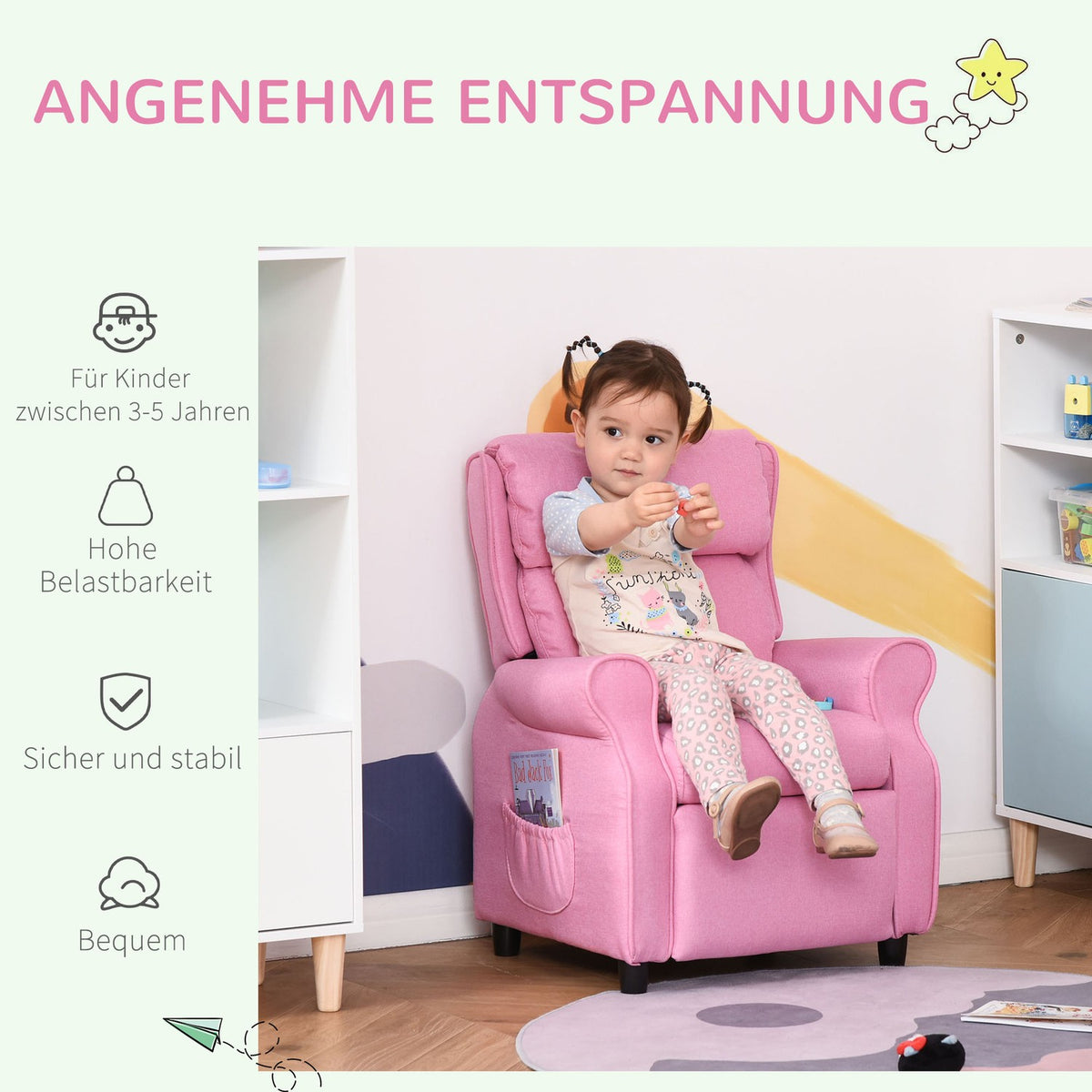 Adjustable Children'S Sofa With Footrest, Comfortable Children'S Armchair For 3-5 Years, Pink, 58X53X70Cm, Ideal For Boys And Girls