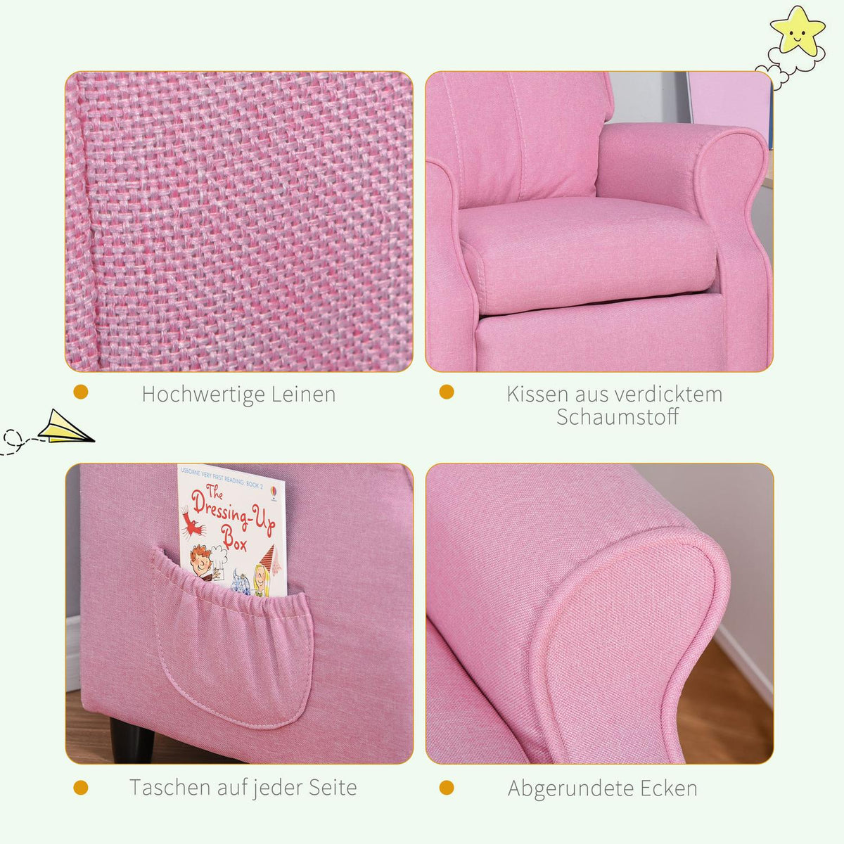 Adjustable Children'S Sofa With Footrest, Comfortable Children'S Armchair For 3-5 Years, Pink, 58X53X70Cm, Ideal For Boys And Girls