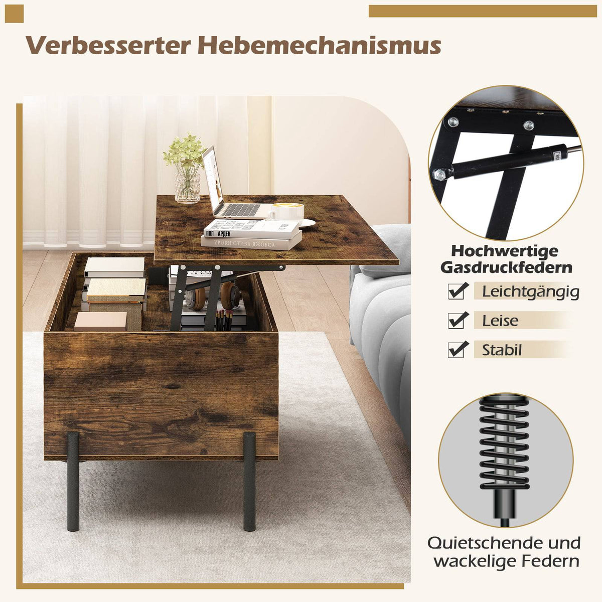 Adjustable Coffee Table with Lift-Top, Storage, Brown