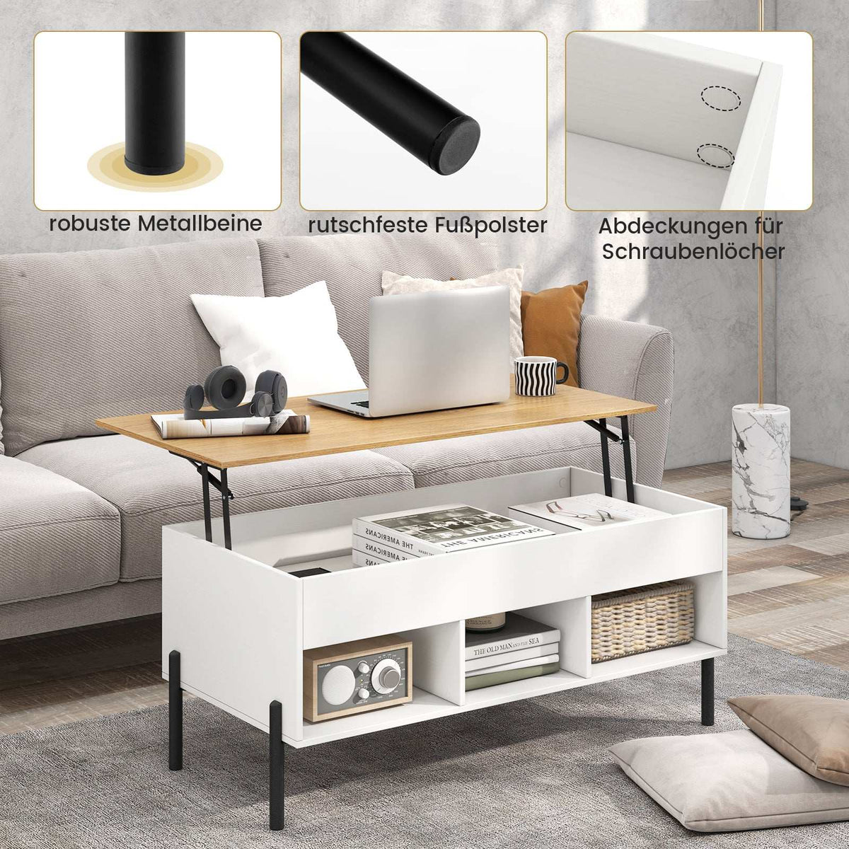 Adjustable Coffee Table with Lift-Top & Storage, White
