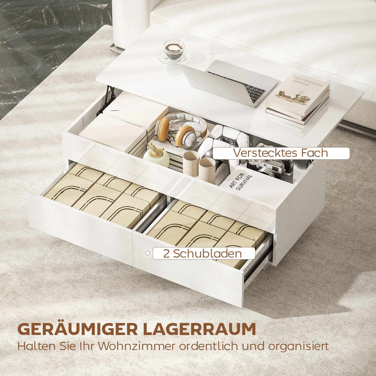 Adjustable Coffee Table with Storage, High Gloss White