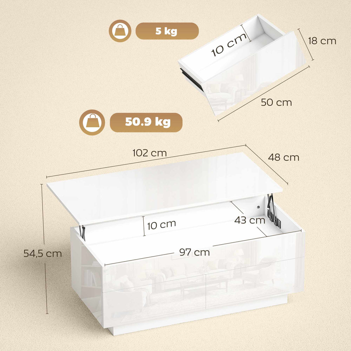 Adjustable Coffee Table with Storage, High Gloss White