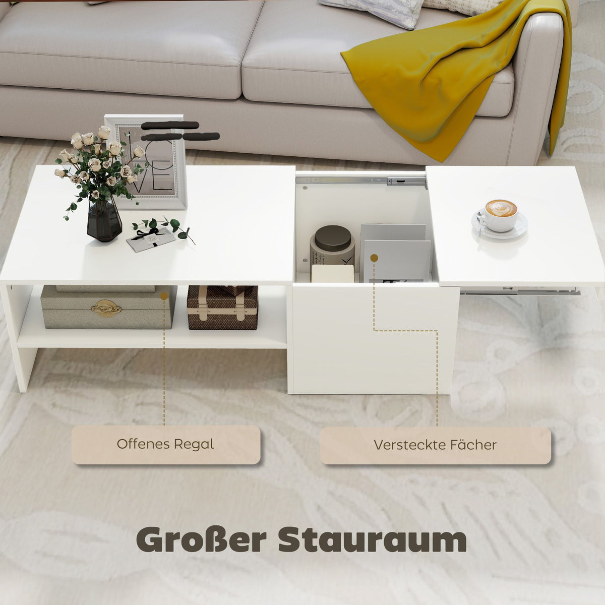 Adjustable Coffee Table with Storage, White Particle Board
