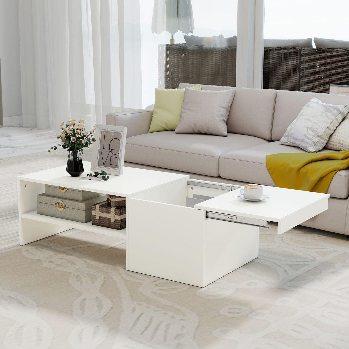Adjustable Coffee Table with Storage, White Particle Board