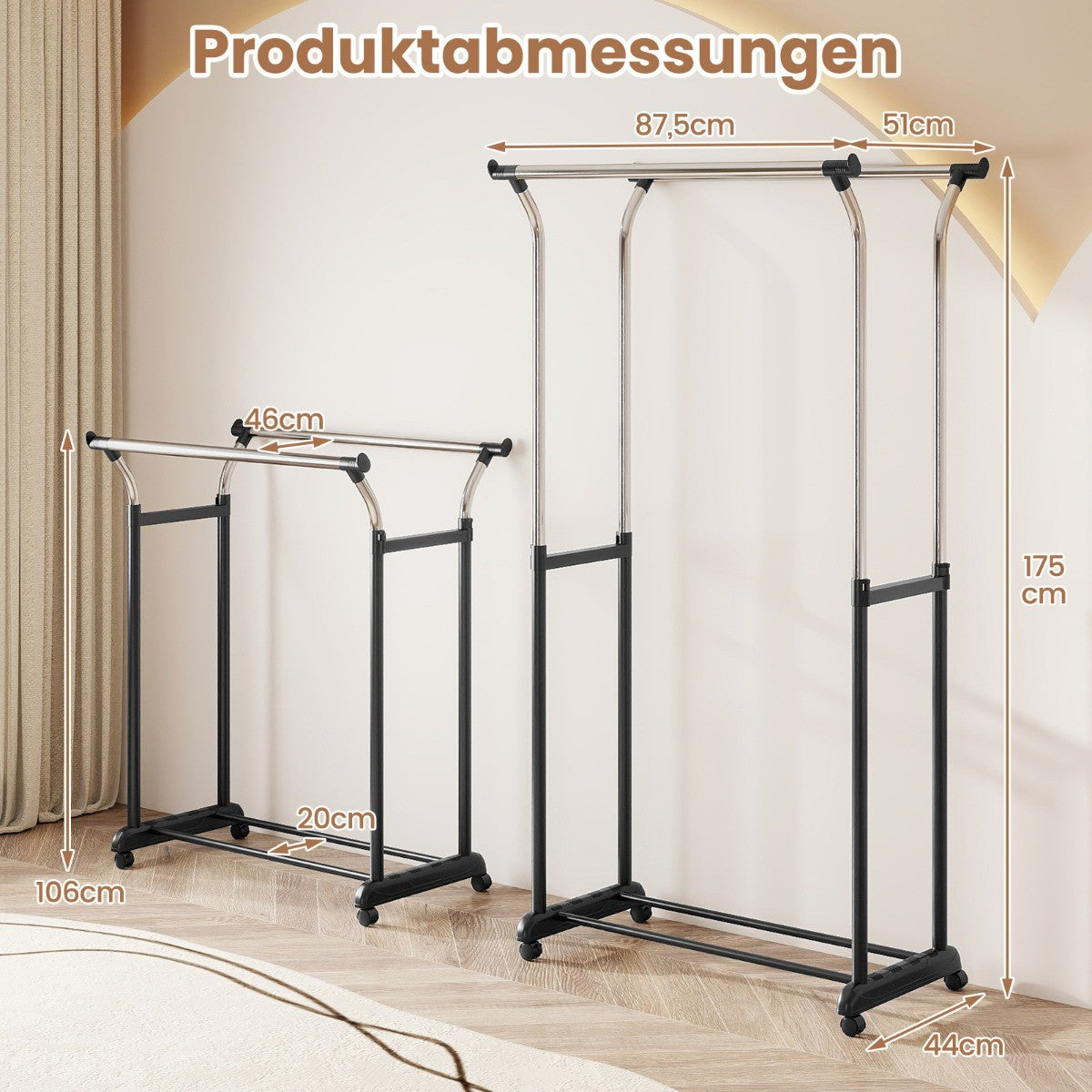 Adjustable Double Rail Clothes Rack with Wheels, Black