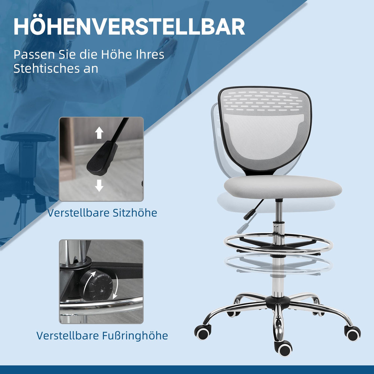 Adjustable Drafting Chair with Footrest, Mesh Back, Grey