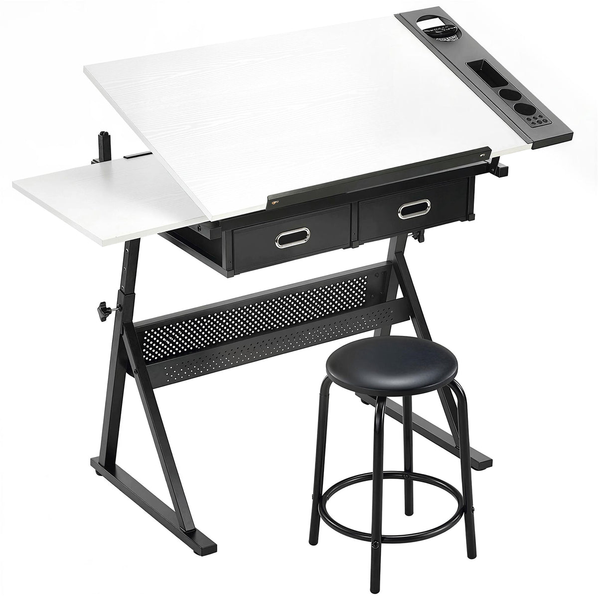 Adjustable Drawing Table with Stool and Storage, White
