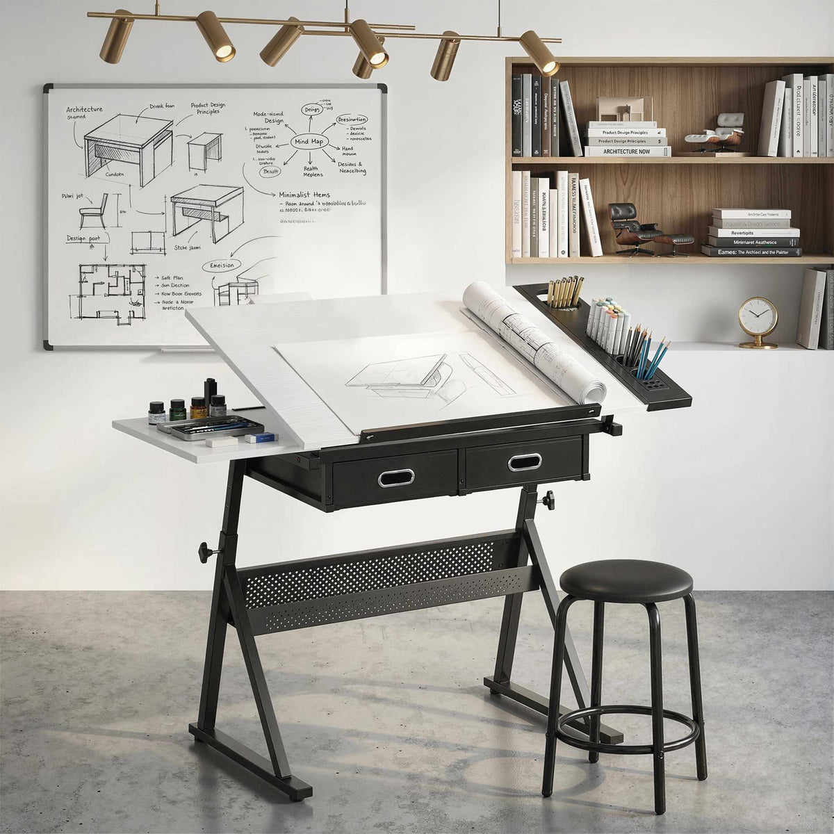 Adjustable Drawing Table with Stool and Storage, White