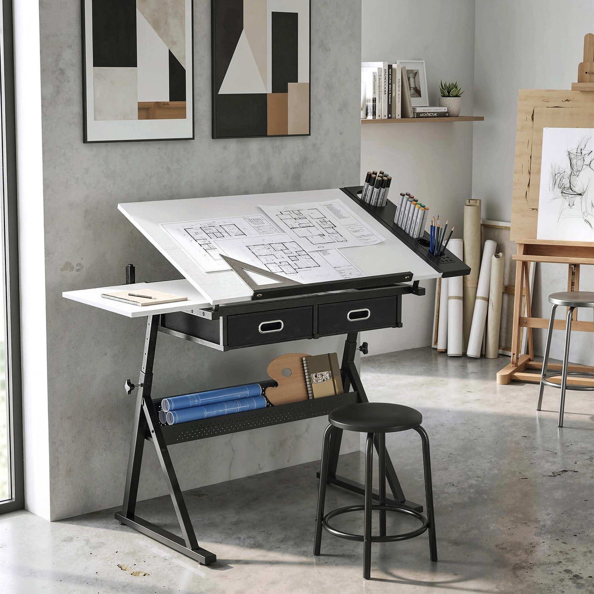Adjustable Drawing Table with Stool and Storage, White