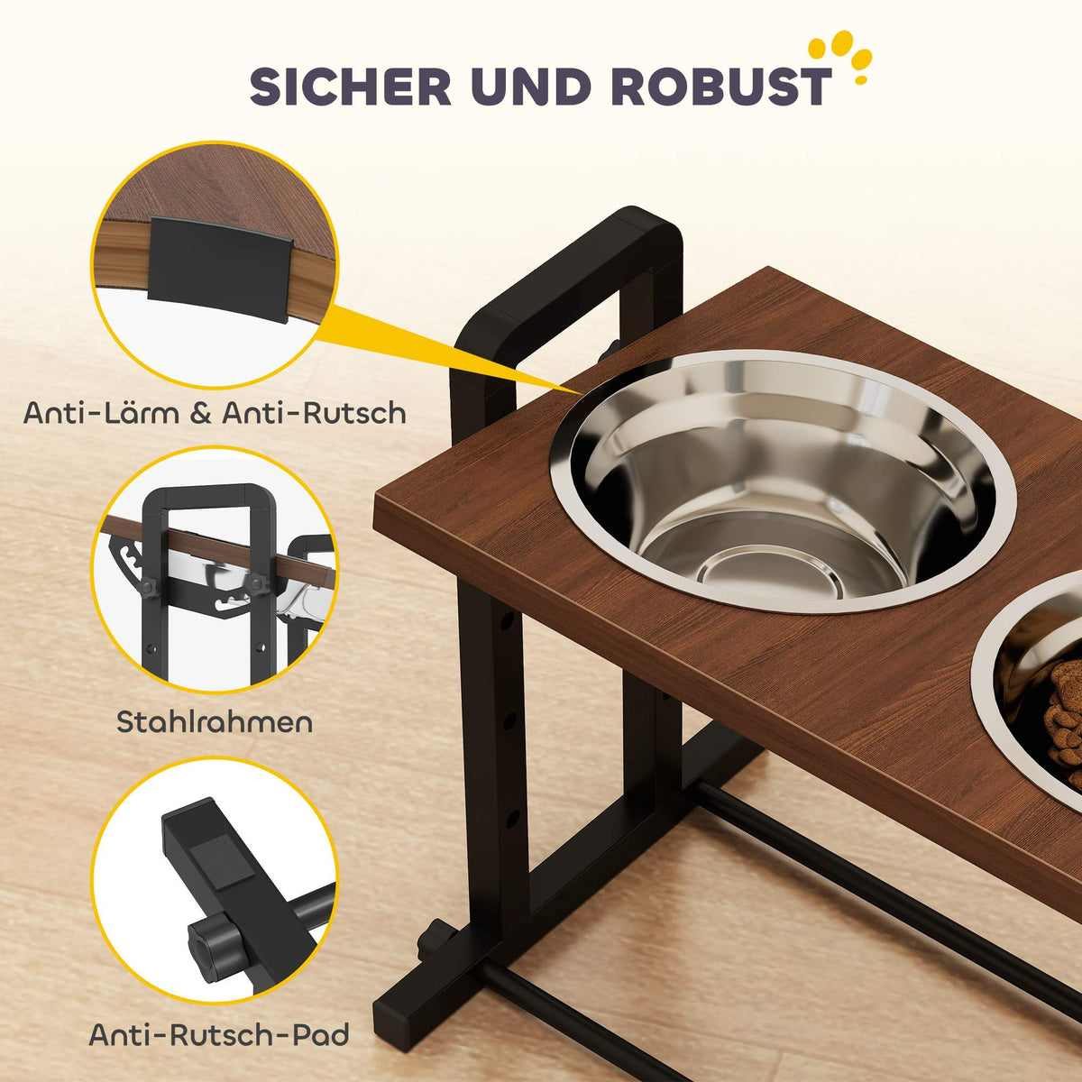 Adjustable Elevated Dog Bowl Stand with 2 Stainless Steel Bowls, 1.2L Each