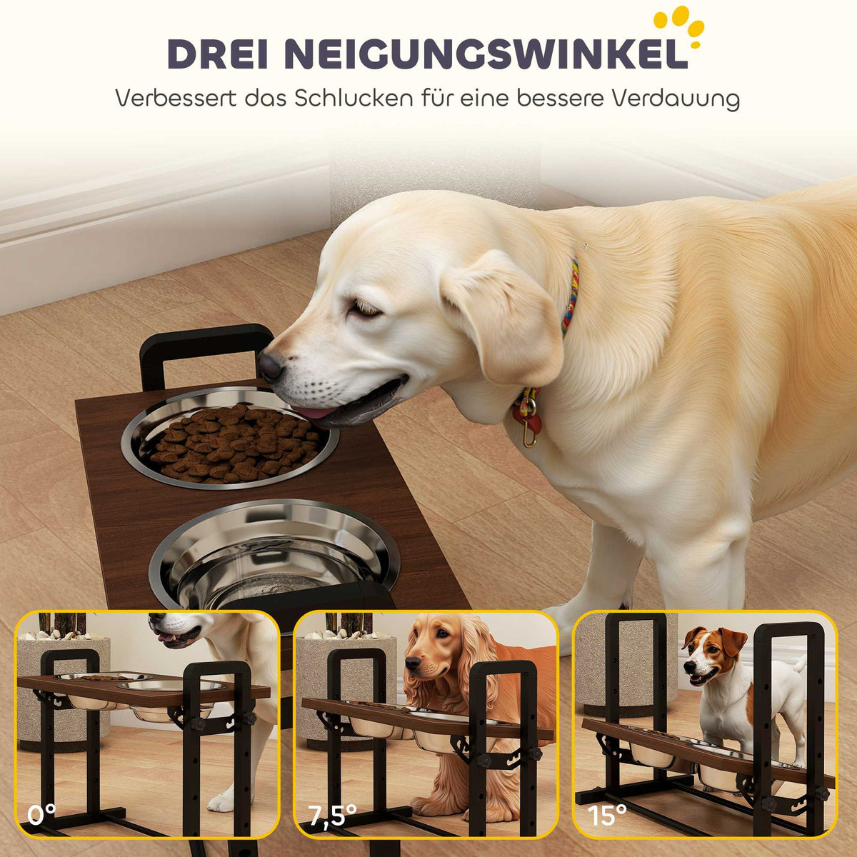 Adjustable Elevated Dog Bowl Stand with 2 Stainless Steel Bowls, 1.2L Each