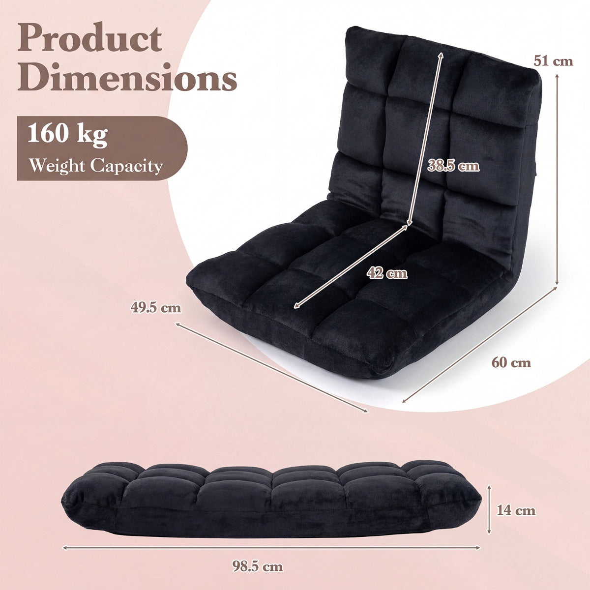 Adjustable Floor Chair, 14-Position Folding, Flannel, Dark Grey