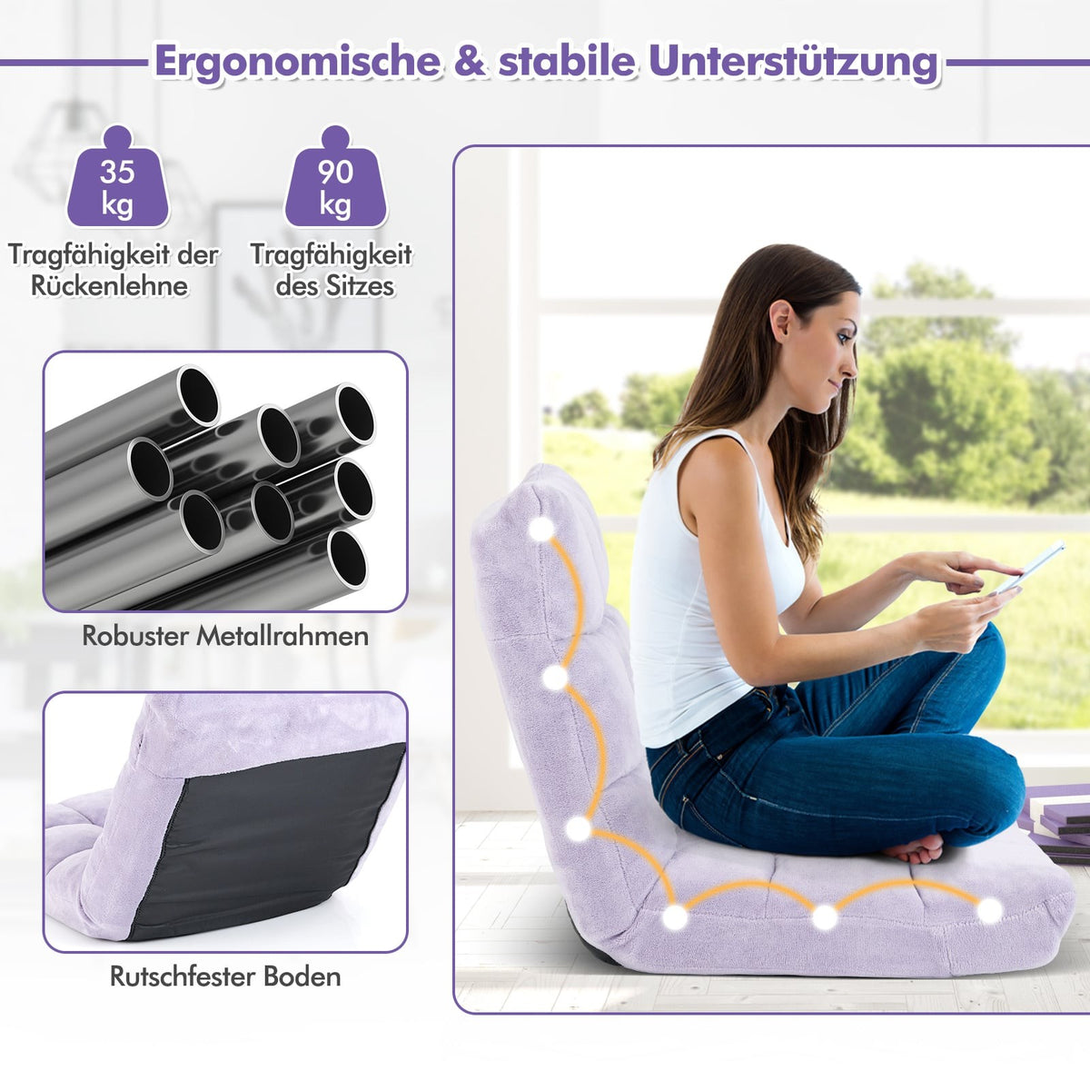 Adjustable Floor Chair – Purple, 14 Positions, Foldable