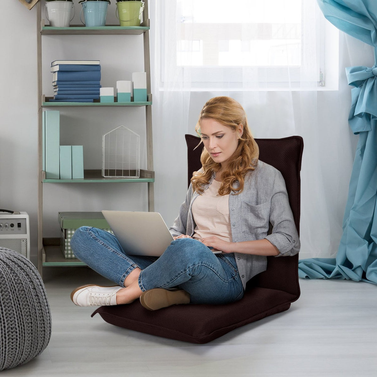 Adjustable Floor Chair with 6-Position Backrest, Coffee Fabric