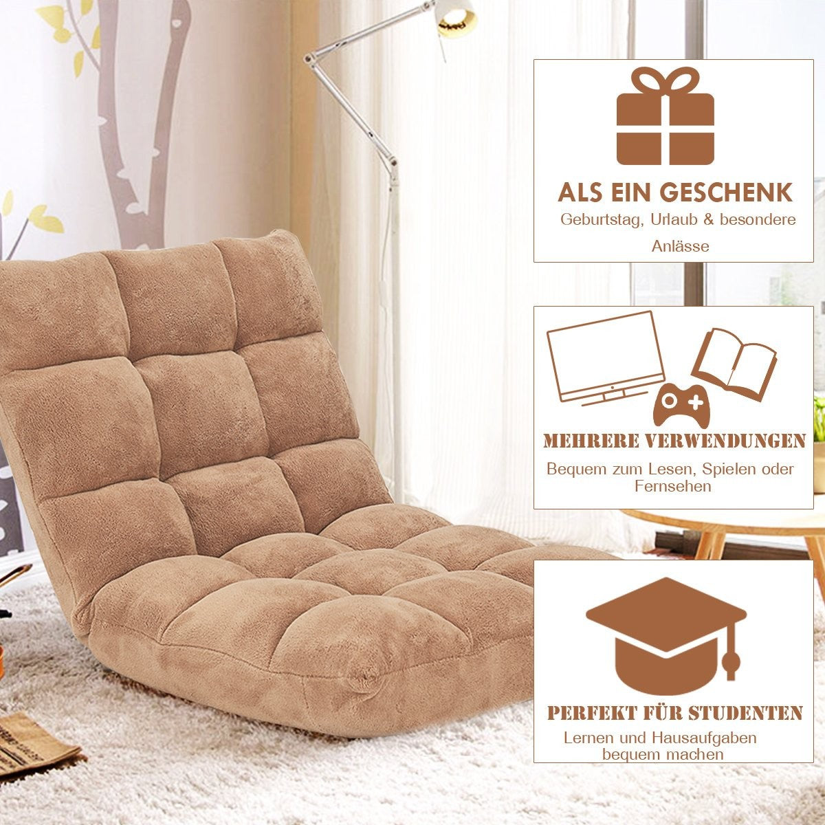 Adjustable Floor Chair with Coral Velvet, 105x56x15 cm, Beige