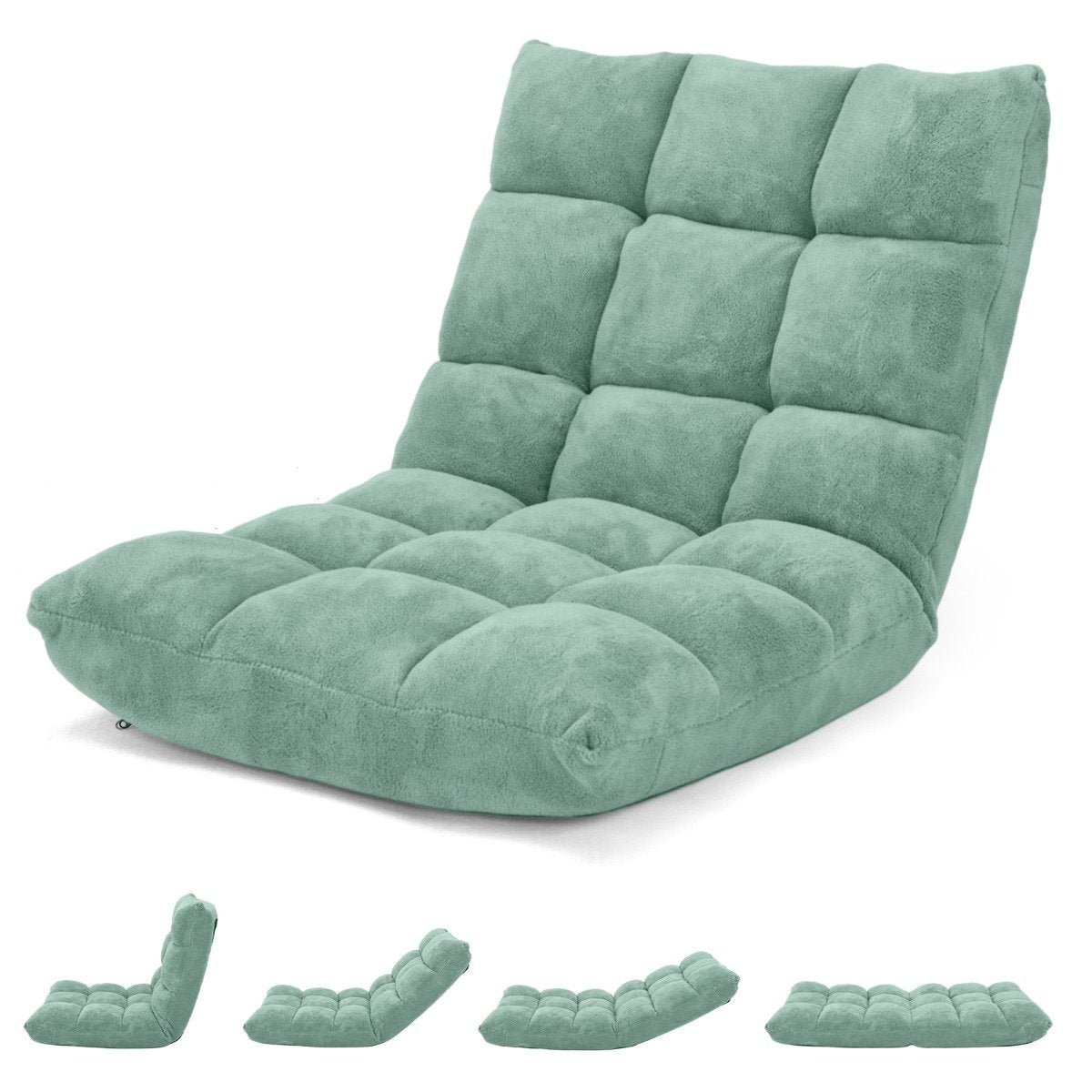 Adjustable Floor Chair with Cushion, Green, Coral Velvet