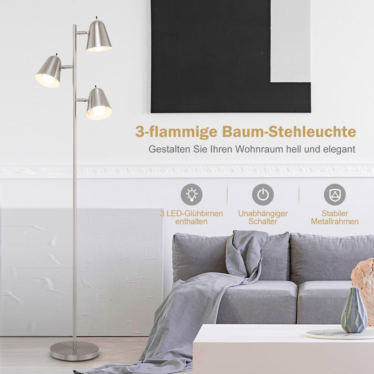 Adjustable Floor Lamp with 3 LED Bulbs, 360 Shades