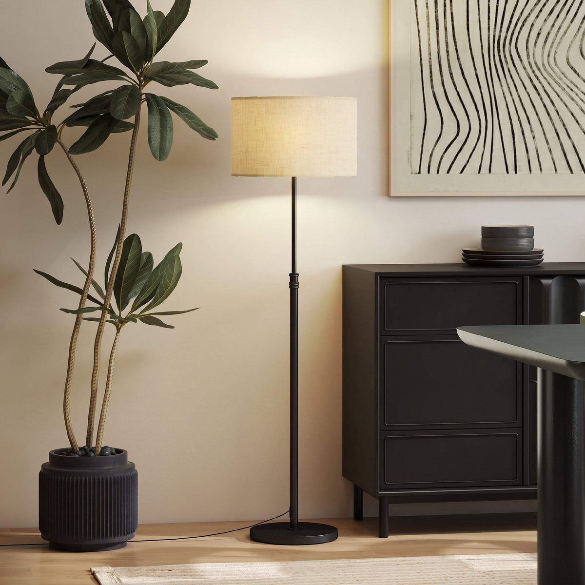 Adjustable Floor Lamp with Remote, Fabric Shade, Black