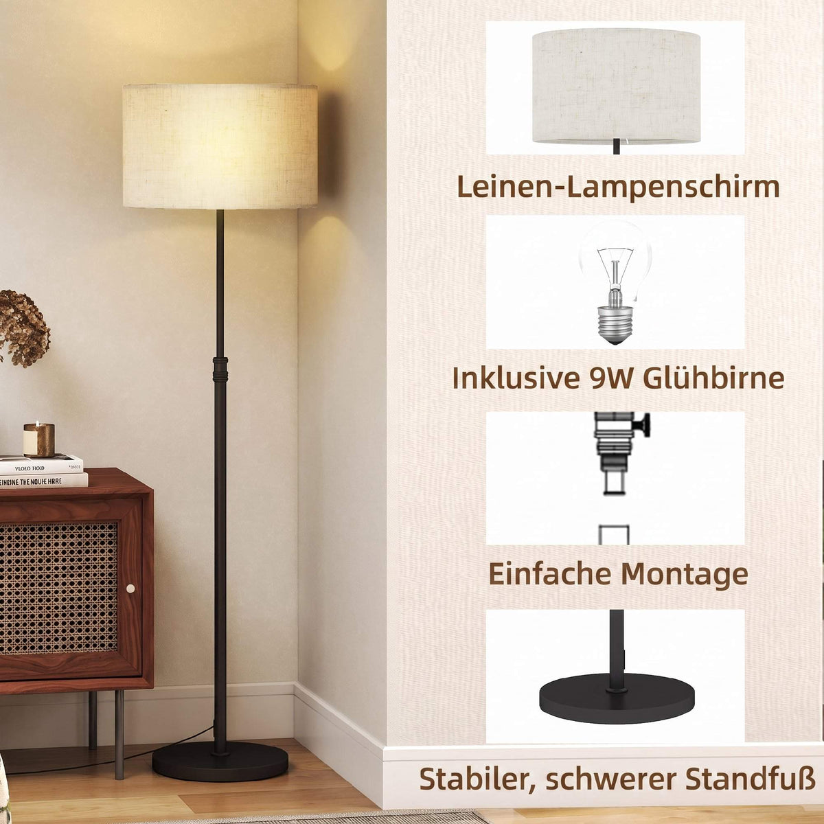 Adjustable Floor Lamp with Remote, Fabric Shade, Black