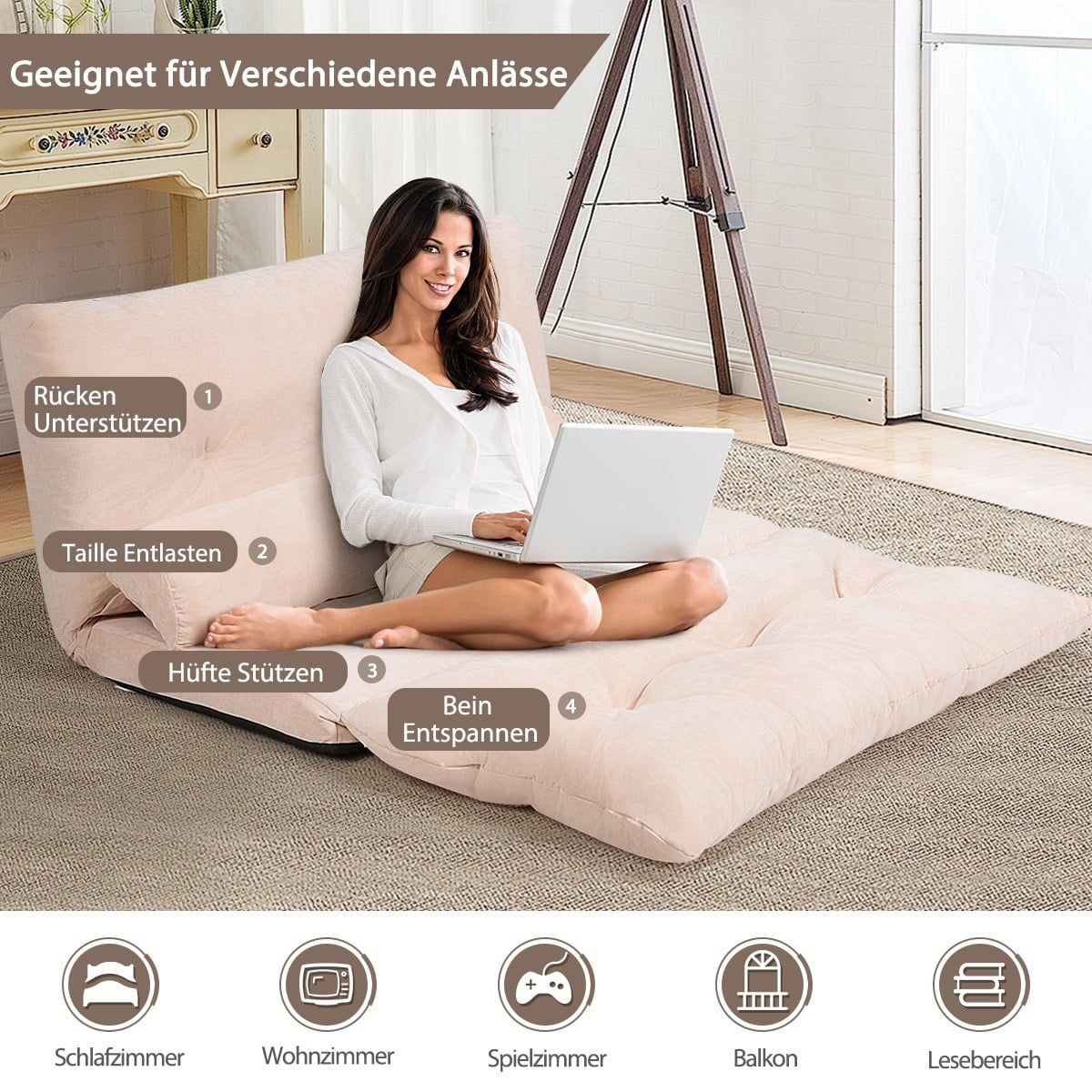 Adjustable Floor Sofa Bed with 2 Cushions, Beige