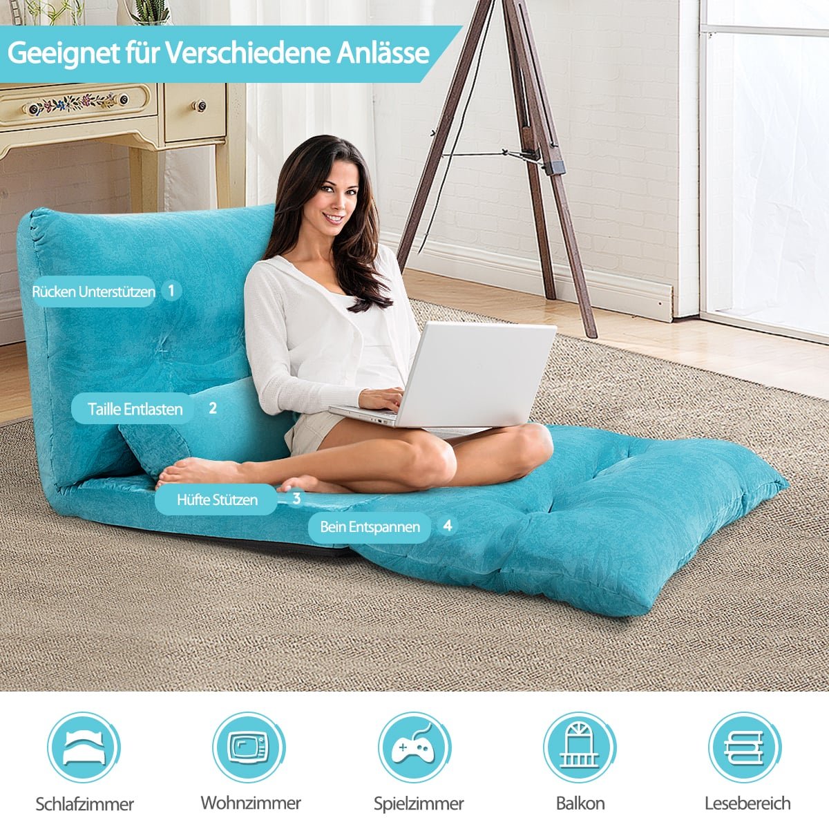 Adjustable Floor Sofa Bed with 2 Cushions, Blue
