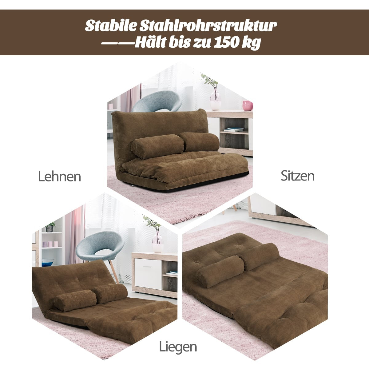 Adjustable Floor Sofa Bed with 2 Cushions, Brown