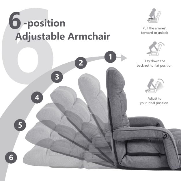 Adjustable Folding Floor Lounge Chair With Pillow, Grey