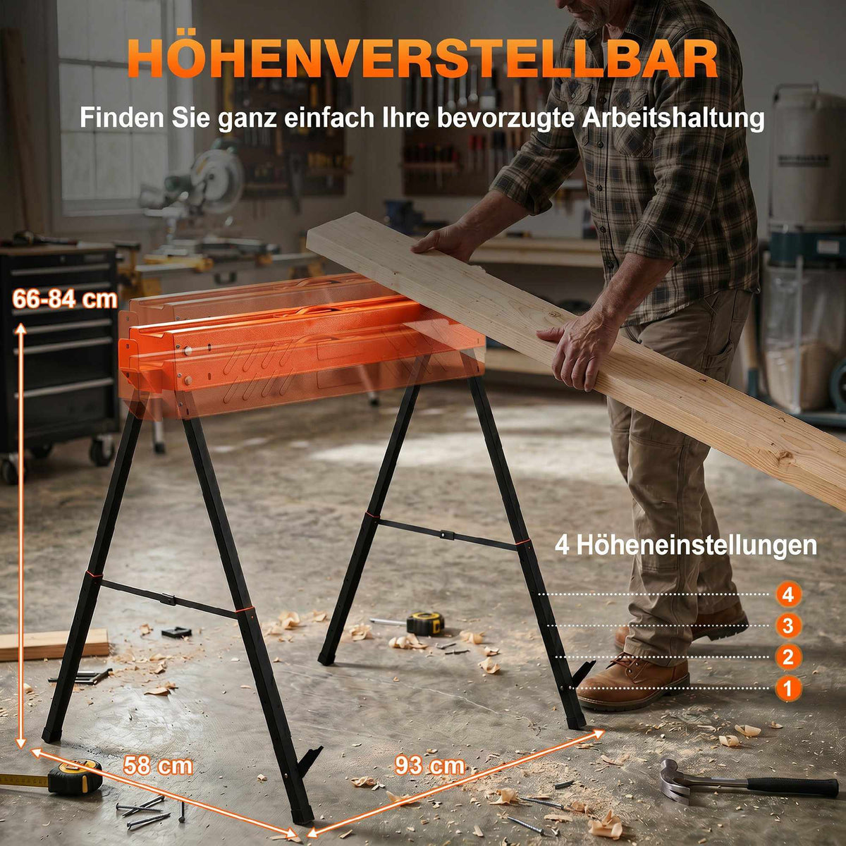 Adjustable Folding Sawhorses, Metal, 250kg Capacity, Set of 2
