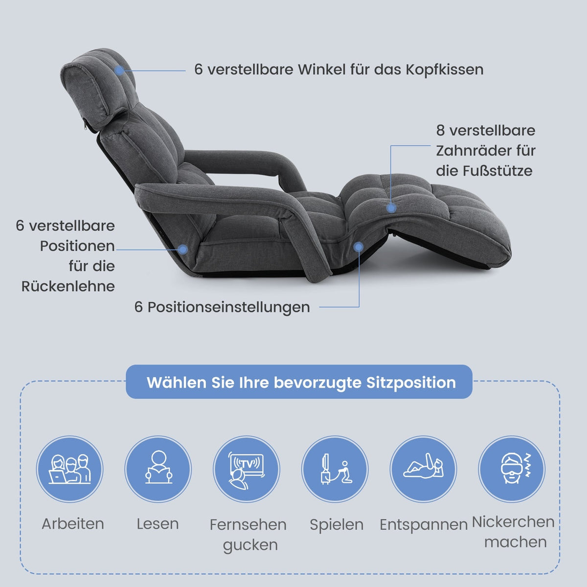 Adjustable Folding Sofa Bed, Dark Gray, 6 Positions