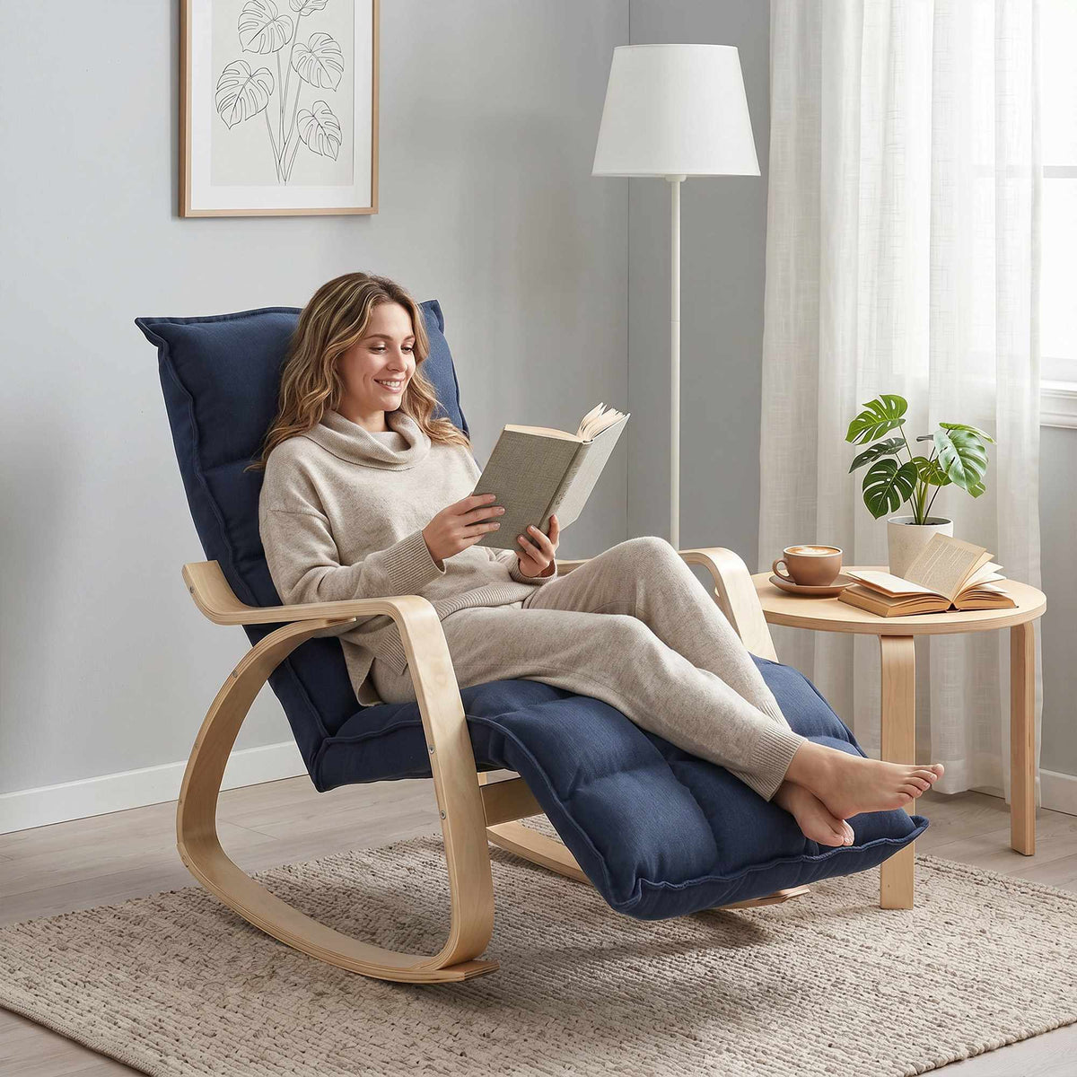 Adjustable Footrest Rocking Chair, Blue Birch Veneer