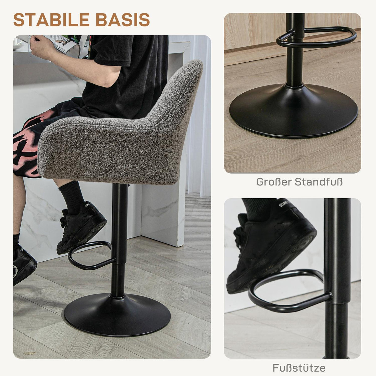 Adjustable Grey Bar Stools, Set of 2, 360° Swivel