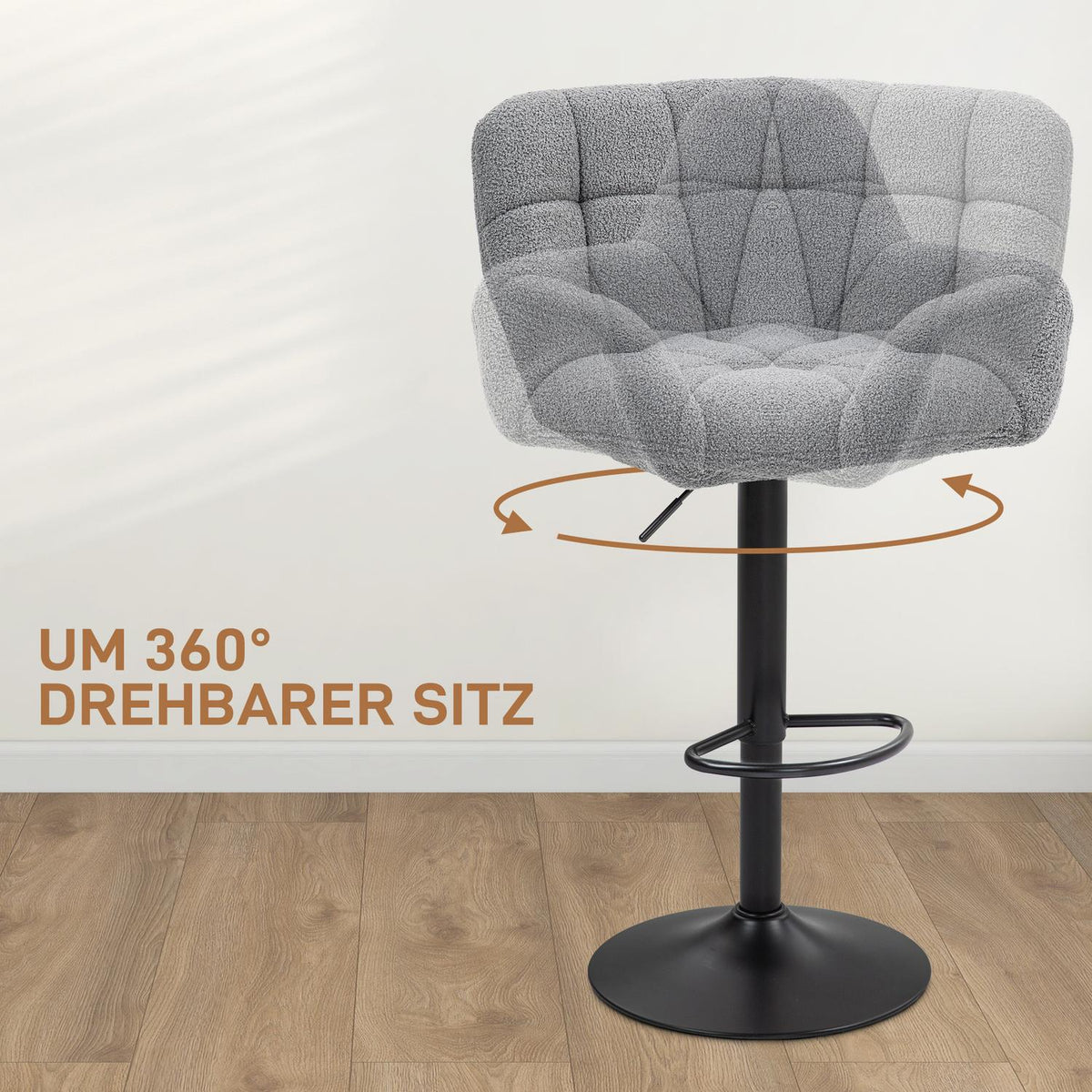 Adjustable Grey Bar Stools, Set of 2, 360° Swivel