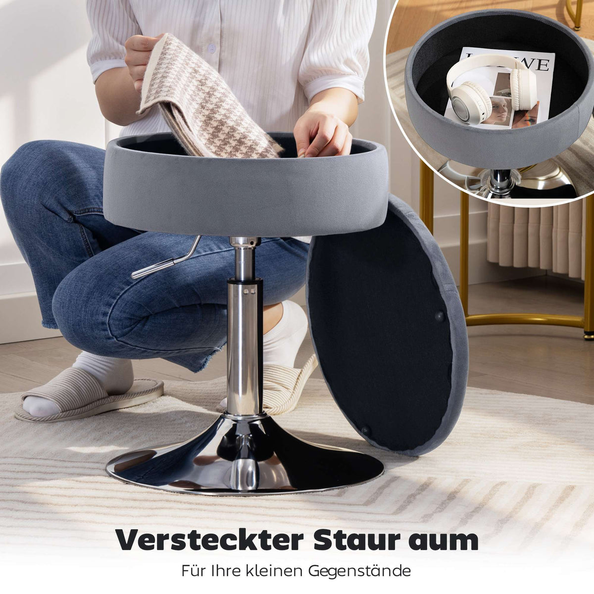 Adjustable Grey Velvet Bar Stool with Storage, 39x39x65 cm