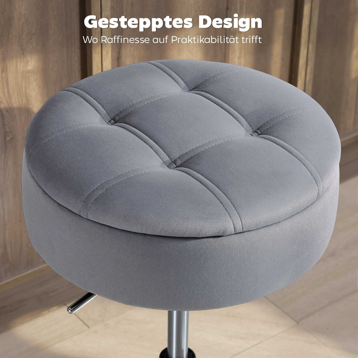 Adjustable Grey Velvet Bar Stool with Storage, 39x39x65 cm