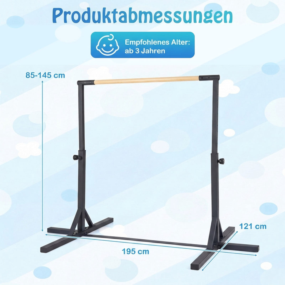 Adjustable Gymnastics Bar for Kids, 85-145 cm, 65 kg Capacity